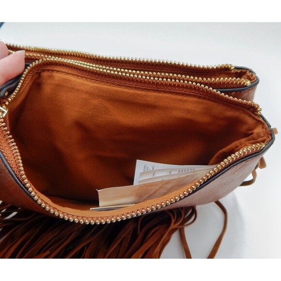 Aldo Brown Fringed Crossbody Bag Zippered Chain Faux Leather 8 Inch Boho - Picture 11 of 14